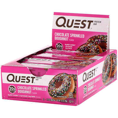 Купить Quest Nutrition Протеиновый батончик, донат с шоколадной глазурью и посыпкой, 12 батончиков, 60 г (2, 12 унции) каждый