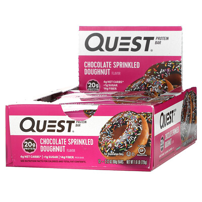 Quest Nutrition Протеиновый батончик, донат с шоколадной глазурью и посыпкой, 12 батончиков, 60 г (2,12 унции) каждый