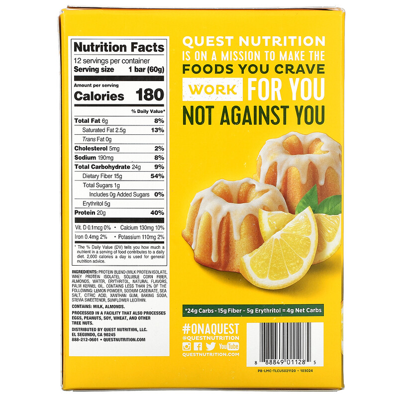 Quest Nutrition, Protein Bar, Lemon Cake, 12 Bars, 2.12 oz (60 g) Each