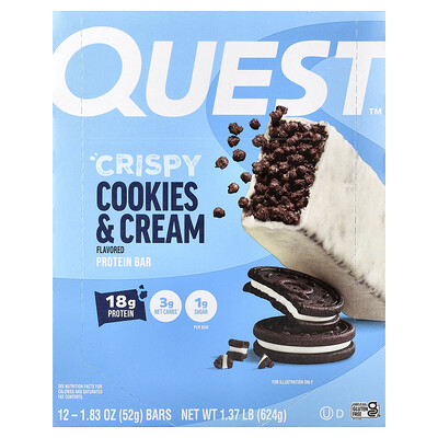 Product Image for Quest Nutrition, Protein Bar, Crispy Cookies & Cream, 12 Bars, 1.83 oz (52 g) Each