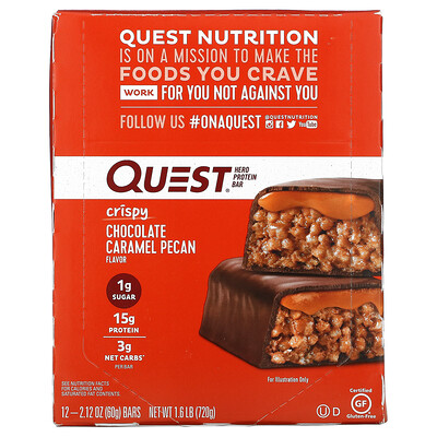 Quest Nutrition Hero Protein Bar, хрустящий шоколад с карамелью и пеканом, 12 батончиков, 60 г (2,12 унции)