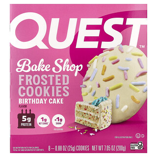 Quest Nutrition, ベイクショップ フロステッドクッキー、バースデーケーキ、8袋、各25g（0.88オンス）