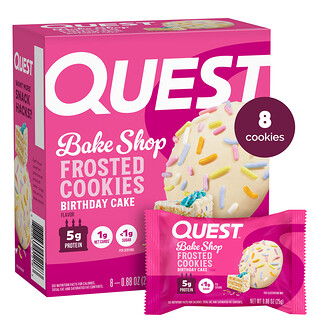 Quest Nutrition, Polevané sušienky Bake Shop, narodeninová torta, 8 sušienok, každá po 25 g