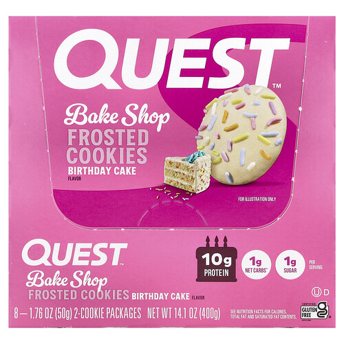 Quest Nutrition, Bake Shop Frosted Cookies, verjaardagstaart, 8 pakjes, elk 50 g