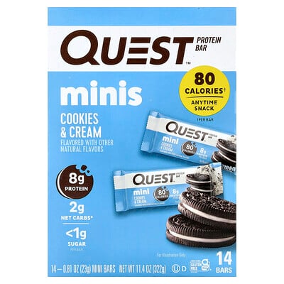 Product Image for Quest Nutrition, Minis, Protein Bar, Cookies & Cream, 14 Bars, 0.81 oz (23 g) Each
