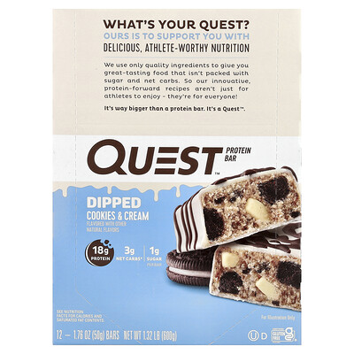 Product Image for Quest Nutrition, Protein Bar, Dipped Cookies & Cream, 12 Bars, 1.76 oz (50 g) Each