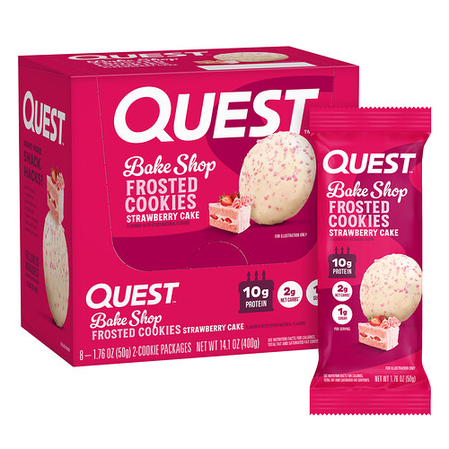 Quest Nutrition, Bake Shop Frosted Cookies, Erdbeerkuchen, 8 Päckchen, je 50 g (1,76 oz.).