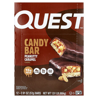 Quest Nutrition, Chocoladereep met pindakaramel, 12 repen van 57 g per stuk.