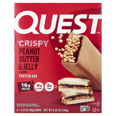 Quest Nutrition, Barrita proteica, Mantequilla de maní crujiente y jalea, 4 barritas, 60 g (2,12 oz) cada una