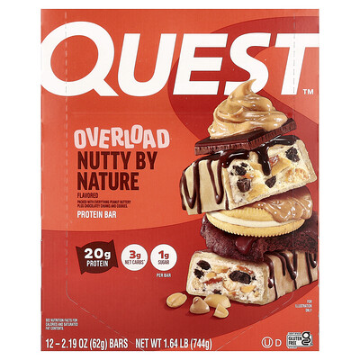 Quest Nutrition, Barrita proteica Overload, Nutty By Nature, 12 barritas, 62 g (2,19 oz) cada una