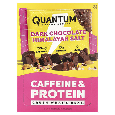 Quantum Energy Square, Barrita con cafeína y proteína, Chocolate negro y sal del Himalaya, 8 barritas, 48 g (1,69 oz) cada una