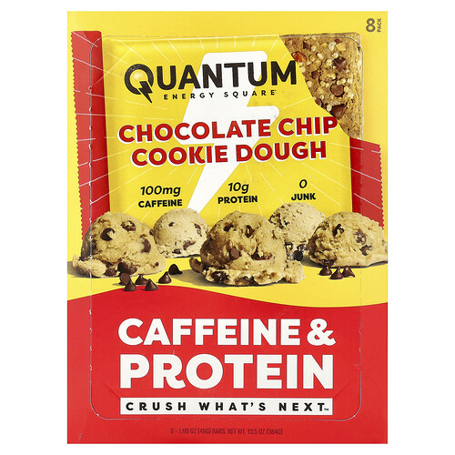 Quantum Energy Square Caffeine & Protein Bar, Chocolate Chip Cookie Dough, 8 Bars, 1.69 oz (48 g) Each