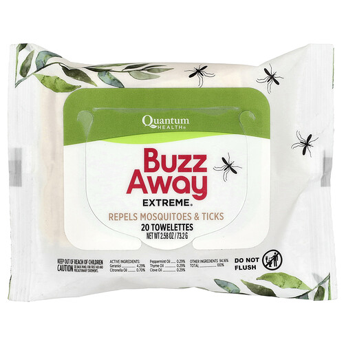Quantum Health, Buzz Away Extreme®, Repels Mosquitoes & Ticks, 20 Towelettes, 2.58 oz (73.2 g)