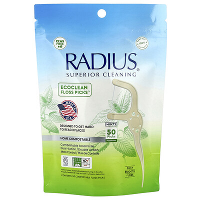 RADIUS, EcoClean Floss Picks™, Menta, 50 palillos compostables con hilo dental