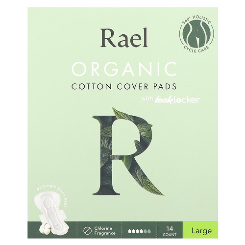 Rael Organic Cotton Cover Pads with Leaklocker, Large, 14 Count