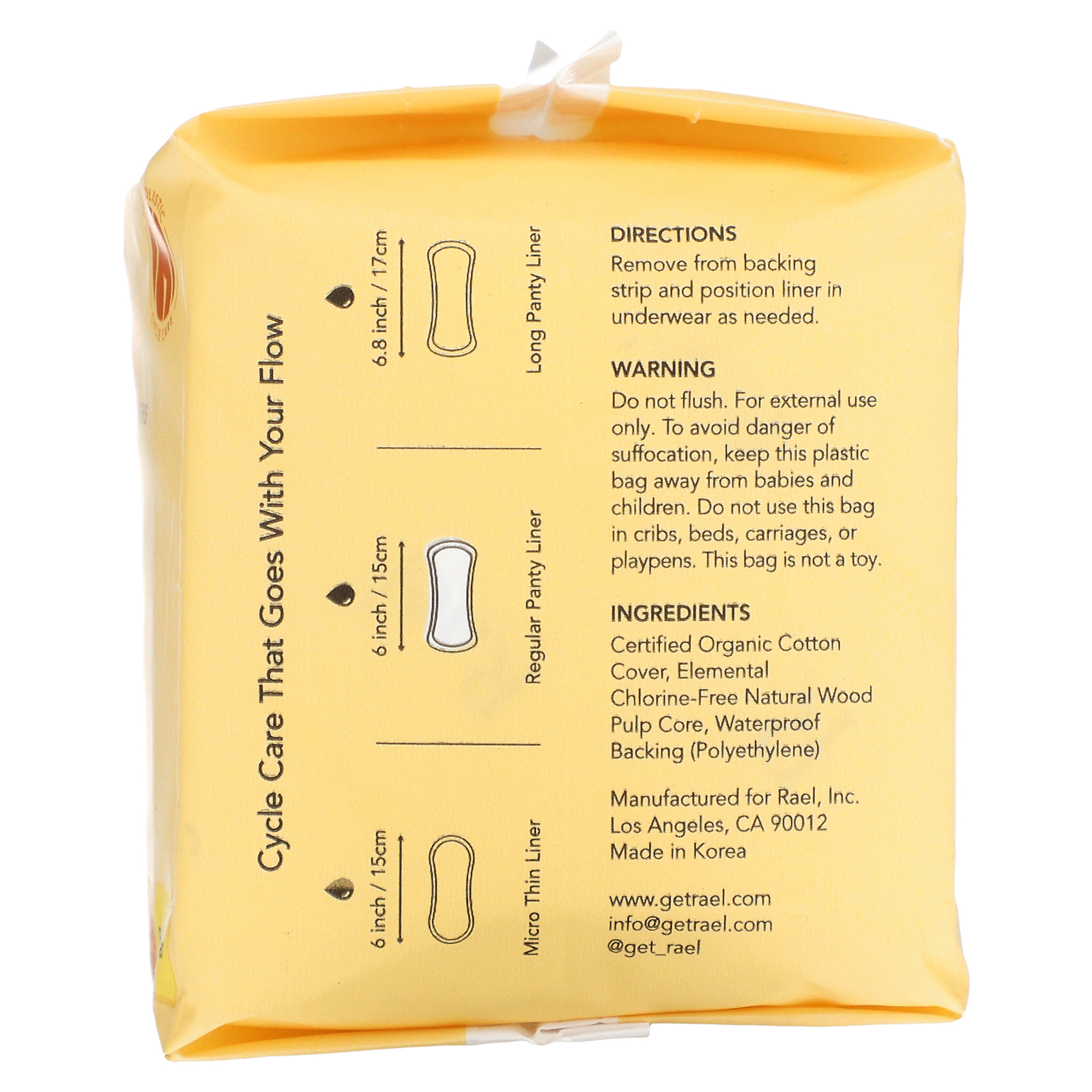 Rael, Inc., Organic Cotton Cover Panty Liners, Regular, 20 Count