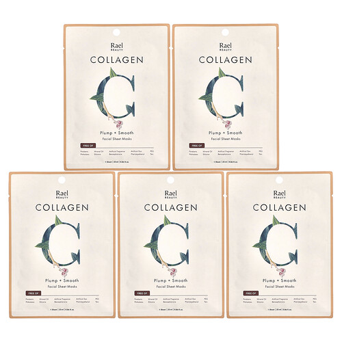 Rael Beauty, Collagen Facial Beauty Sheet Masks, 5 Sheets, 0.84 fl oz (25 ml) Each