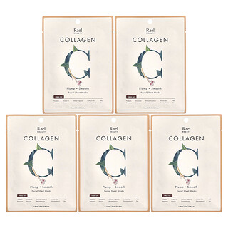 Rael, Beauty, Mascarillas de belleza faciales con colágeno en láminas, 5 láminas, 25 ml (0,84 oz. líq.) cada una