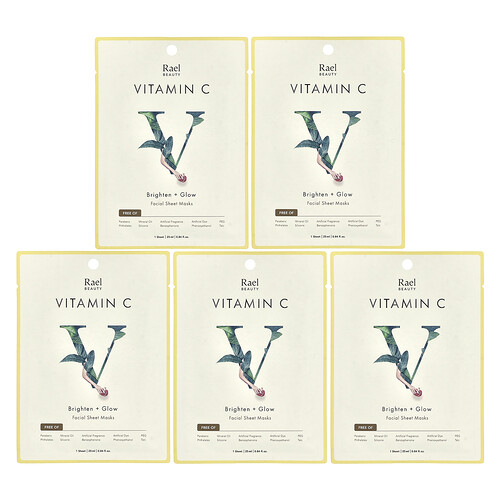 Rael, Vitamin C, Brighten + Glow Facial Beauty Sheet Masks, aufhellende und strahlende Beauty-Gesichtsmasken, 5 Tuchmasken, je 25 ml (0,84 fl. oz.).