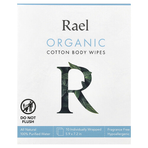Rael Organic Cotton Body Wipes, Fragrance Free, 10 Individually Wrapped Wipes