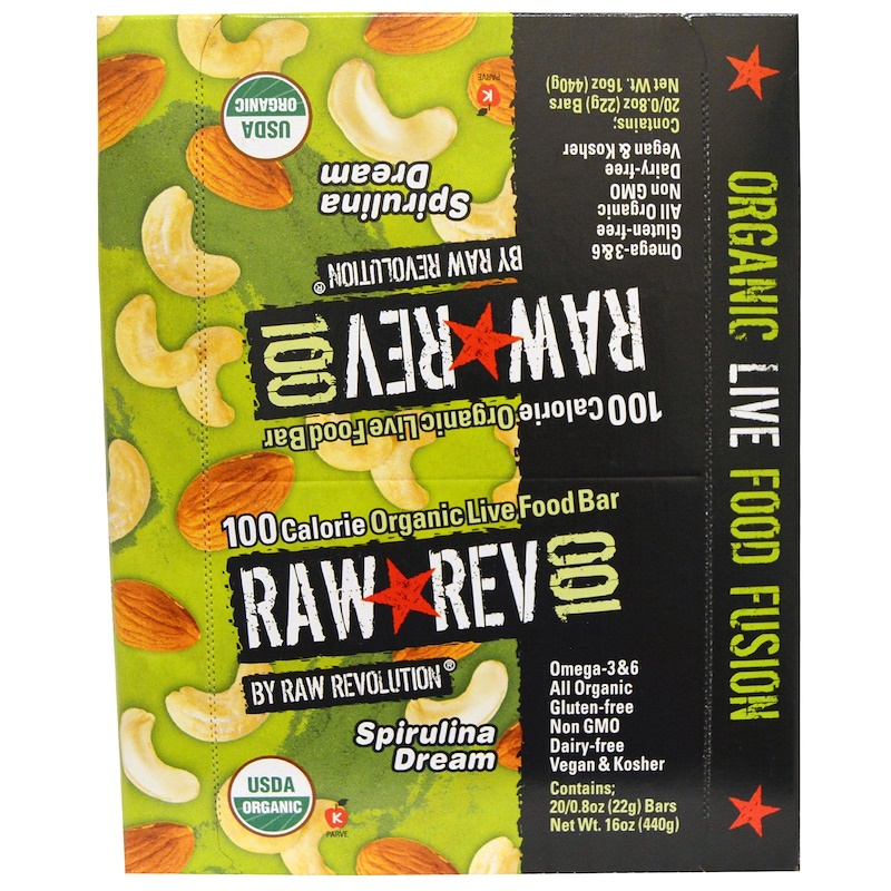 Raw Rev, Raw Rev 100, Organic Live Food Bar, Spirulina Dream, 20 Bars