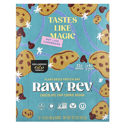 Raw Rev  Plant-Based Protein Bar  Chocolate Chip Cookie Dough  12 Bars  1.6 oz (46 g) Each