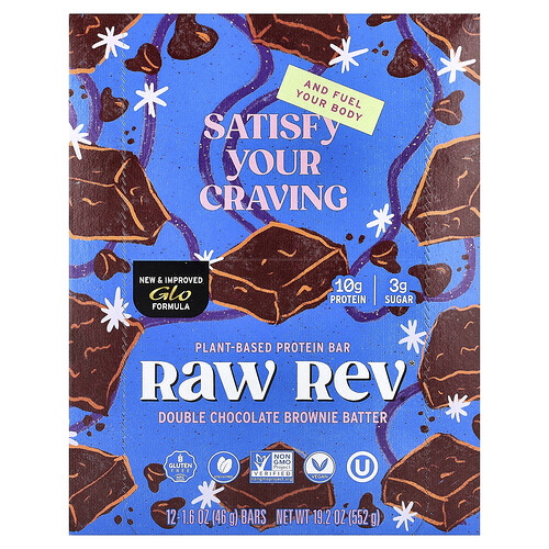 Raw Rev Plant-Based Protein Bar, Double Chocolate Brownie Batter, 12 Bars, 1.6 oz (46 g) Each