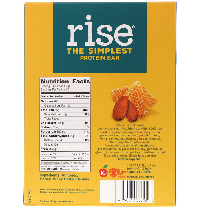 Rise Bar, THE SIMPLEST PROTEIN BAR, Almond Honey, 12 Bars, 2.1 oz (60 g