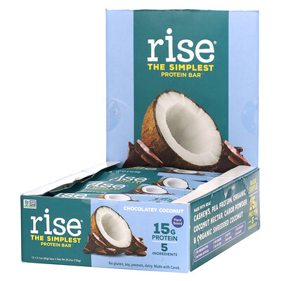 Rise Bar Самый простой протеиновый батончик, шоколадный кокос, 12 батончиков по 60 г (2,1 унции)