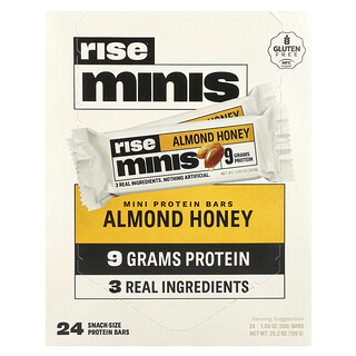 رايز بار‏, Rise Minis ، ألواح بروتين صغيرة ، عسل اللوز ، 24 لوح بروتين بحجم الوجبات الخفيفة ، 1.05 أونصة (30 جم) لكل لوح