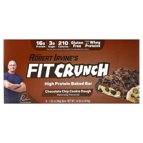 Fitcrunch High Protein Baked Bar, Chocolate Chip Cookie Dough, 9 Bars, 1.62 oz (46 g) Each