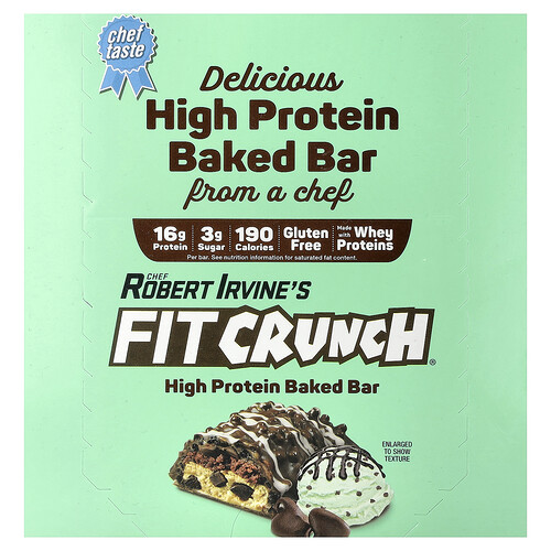 FITCRUNCH, High Protein Baked Bar, Mint Chocolate Chip, 9 Bars, 1.62 oz (46 g) Each