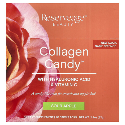 Reserveage Beauty, Collagen Candy™, With Hyaluronic Acid & Vitamin C, Sour Apple, 20 Stickpacks, 0.1 oz (3.35 g) Each