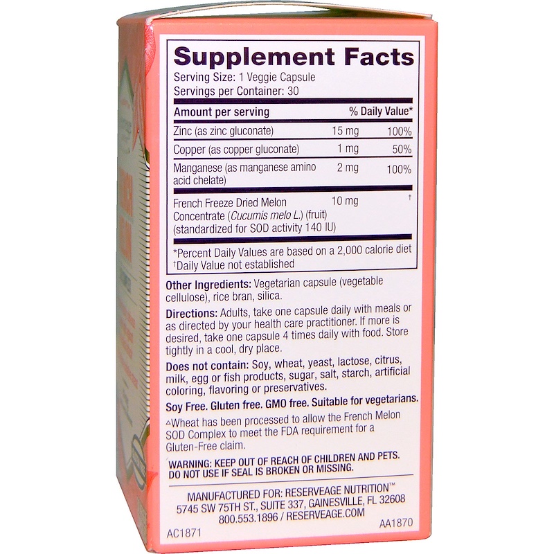 ReserveAge Nutrition, French Melon, SOD Complex, 10 mg, 30 Veggie Caps