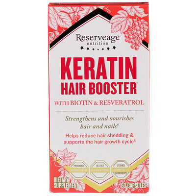 Keratin Hair Booster with Biotin & Resveratrol, 60 Capsules resveratrol plus 120 vegan capsules