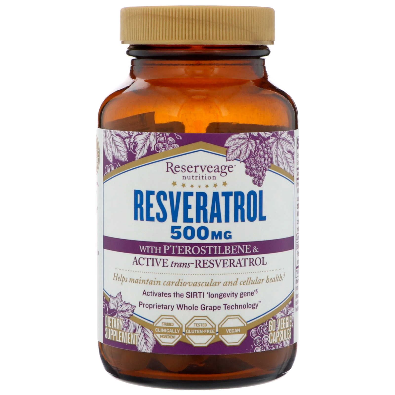 Ресвератрол капсулы. Reserveage Nutrition Resveratrol. Птеростильбен. Ресвератрол капс., 60 шт..