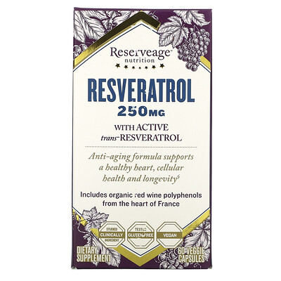 ReserveAge Nutrition Resveratrol, действующая на клеточном уровне формула против старения, 250 мг, 60 растительных капсул