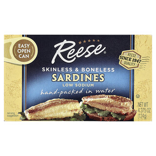 Reese, Sardinas sin piel ni espinas, Bajo contenido de sodio, 124 g (4,375 oz)