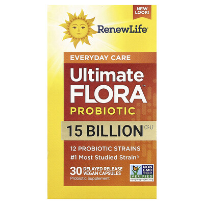 Renew Life, Suplemento probiótico Ultimate Flora™, 15.000 millones de UFC, 30 cápsulas veganas de liberación retardada