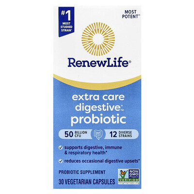 Renew Life  Extra Care Digestive™ Probiotic  50 Billion CFU  30 Vegetarian Capsules
