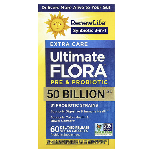 Renew Life Extra Care Ultimate Flora Probiotic Supplement Vitamin | 50 Billion CFU | 60 Vegan Caps