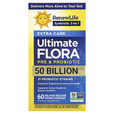 Renew Life, Probiótico Ultimate Flora™ de Extra Care, 50.000 millones de UFC, 60 cápsulas veganas de liberación retardada