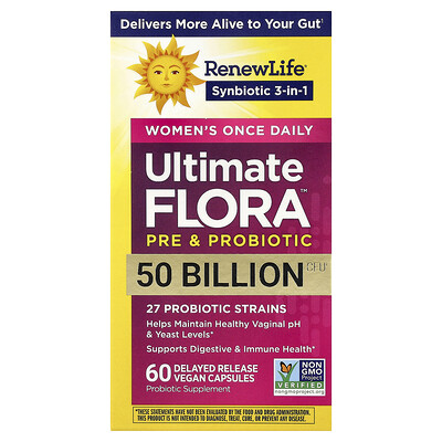 Renew Life, Ultimate Flora™, Suplemento probiótico, 50.000 millones de UFC, 60 cápsulas veganas de liberación retardada