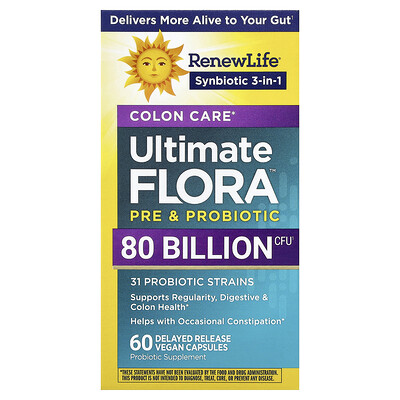 Renew Life, Probiótico para el cuidado del colon Ultimate Flora™, 60 cápsulas veganas de liberación retardada