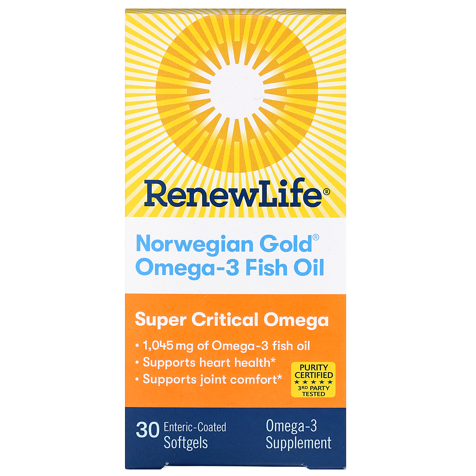 Renew Life, Norwegian Gold（ノルウェイジャンゴールド）オメガ3フィッシュオイル、1,045mg、腸溶性コーティングソフトジェル30粒