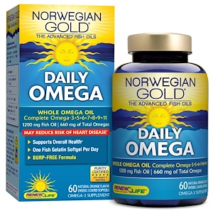 Renew Life, Daily Omega, Natural Orange Flavor, 60 Enteric-Coated Softgels