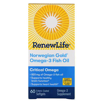 Renew Life Critical Omega, ультраконцентрат омега кислот, натуральный вкус апельсина, 60 мягких таблеток, покрытых кишечнорастворимой оболочкой