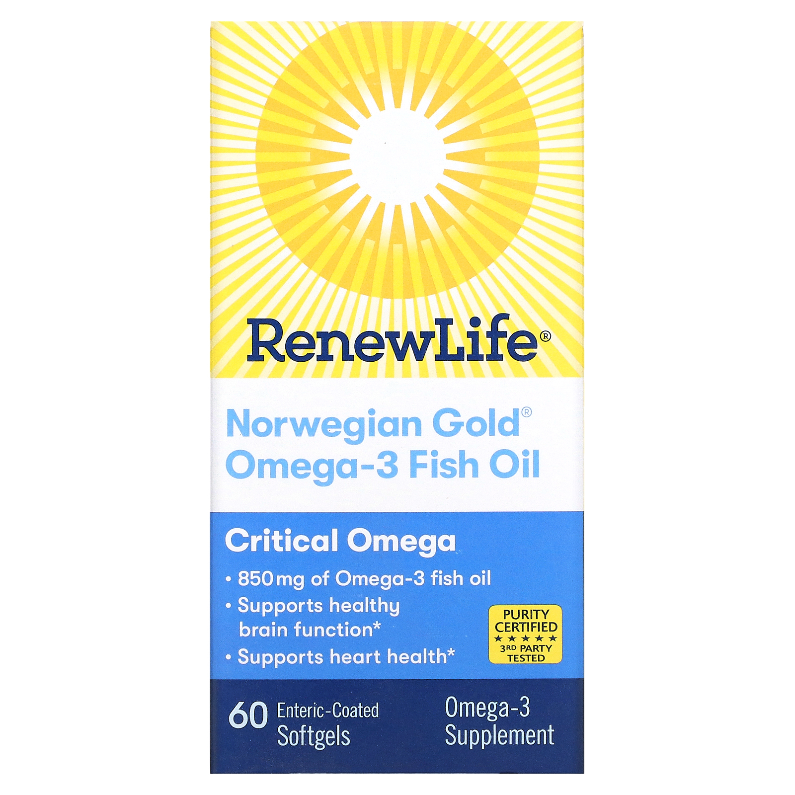 Renew Life, Critical Omega, Norwegian Gold Omega3 Fish Oil, 60 Enteric