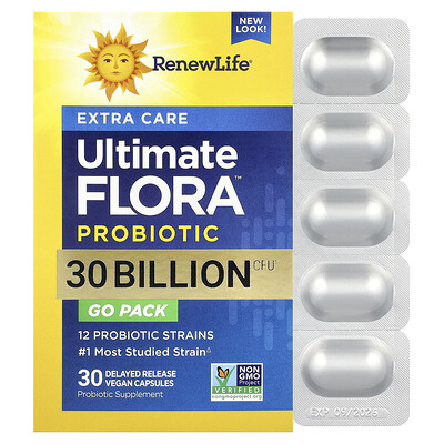 Renew Life, Cuidado extra, Suplemento probiótico Ultimate Flora™, 30 cápsulas veganas de liberación retardada