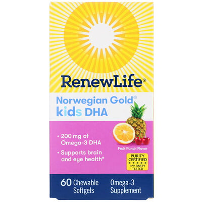 Renew Life Norwegian Gold, ДГК для детей, со вкусом фруктового пунша, 200 мг, 60 жевательных мягких капсул